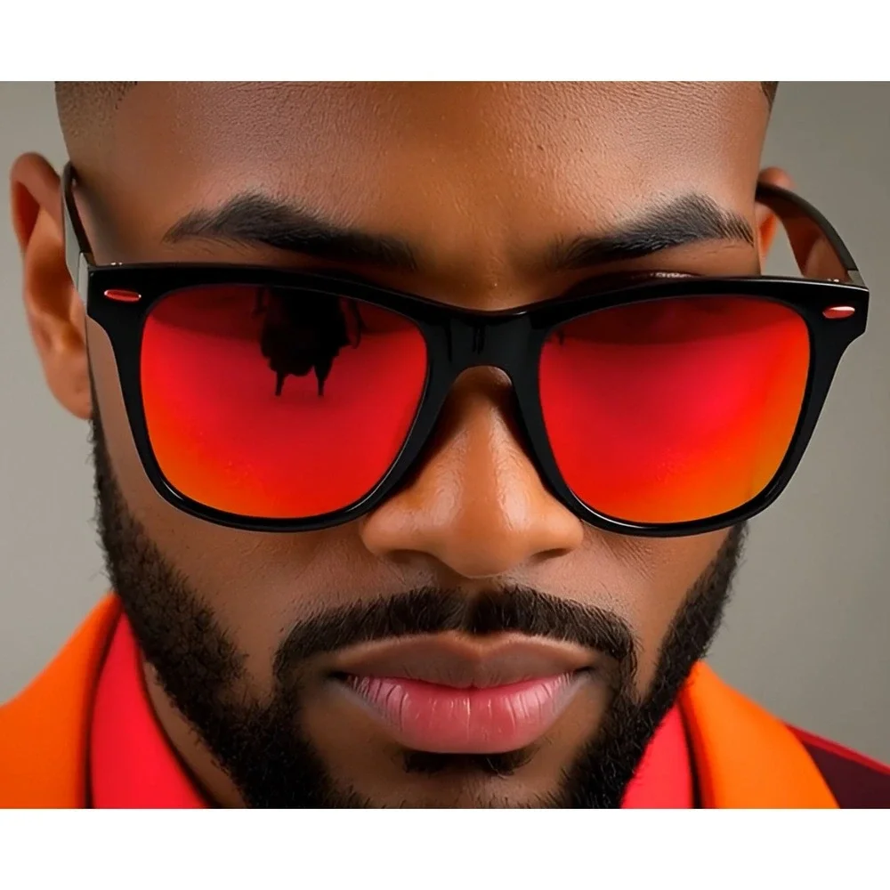 Mens Black‎ Frame Polarized Sunglasses Red Mirror Lens UV400 Street Wear Lentes